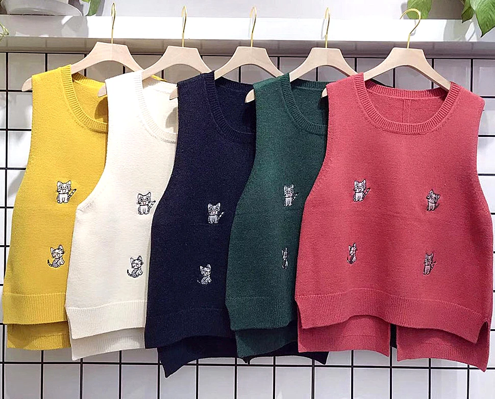 

Autumn Winter Knitted Vest New Cute Cartoon Sweater Vest Oversize Korean Sweater Pullover Vest Loose Top Thick & Warm Outerwear