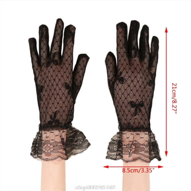 

Ladies Elegant Black Mesh Short Gloves Bowknot Jacquard Ruffles Floral Lace Wedding Party Sunscreen Full Finger Mittens My26 21