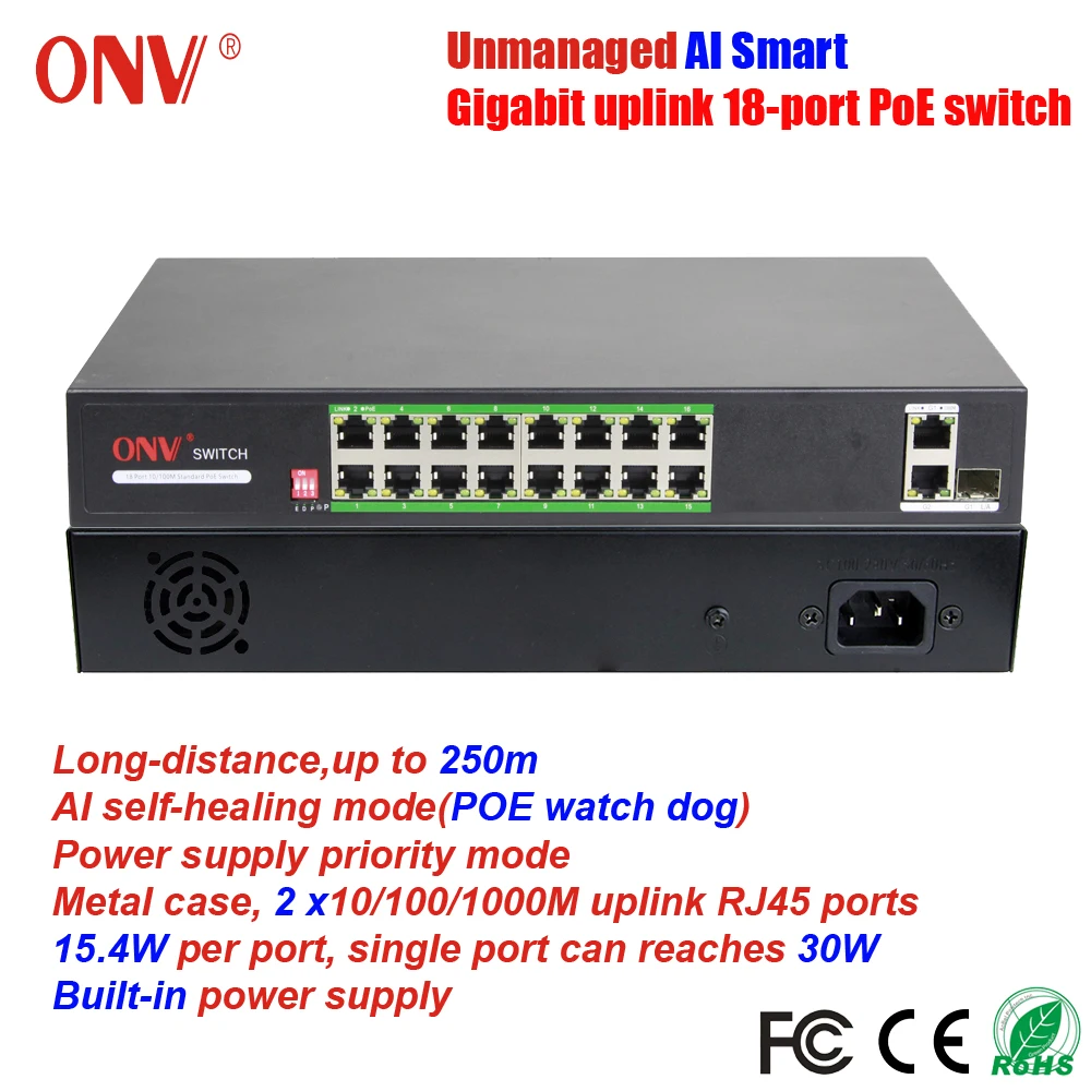 ONV неуправляемый гигабитный исходящий коммутатор 18 портов AI PoE 802.3af/at VLAN 250m