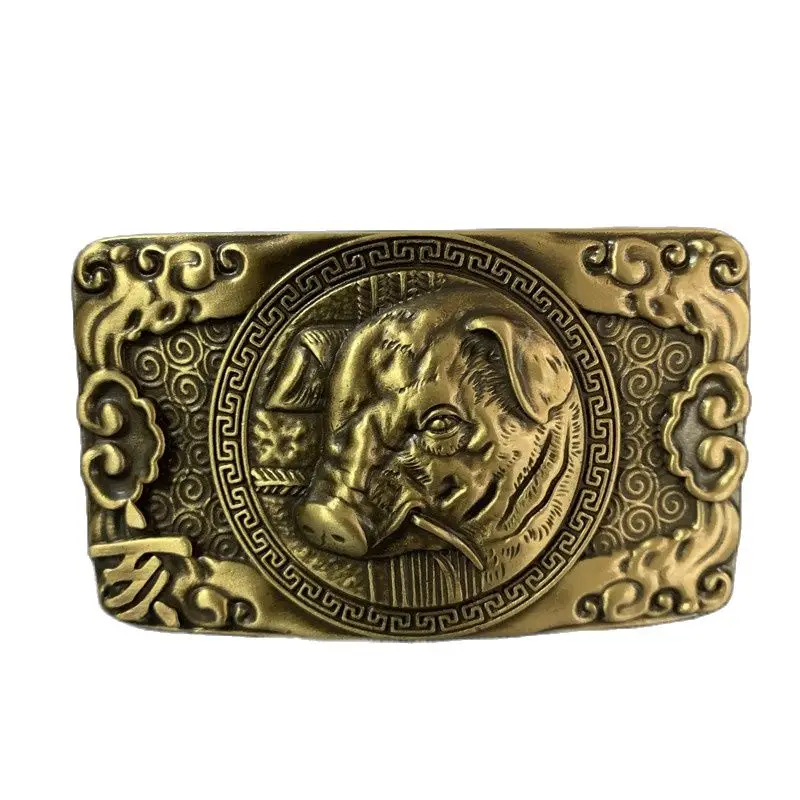 

Retail Western Cowboy Belt Buckle Fashion Men High Quality 80*48mm Rectangle Cool Pig Solid Brass Buckles For 3.8cm Wide Belt