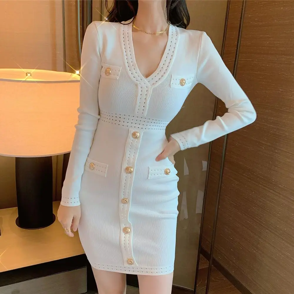 JSXDHK модное осенне-зимнее трикотажное платье-футляр с V-образным вырезом и длинным