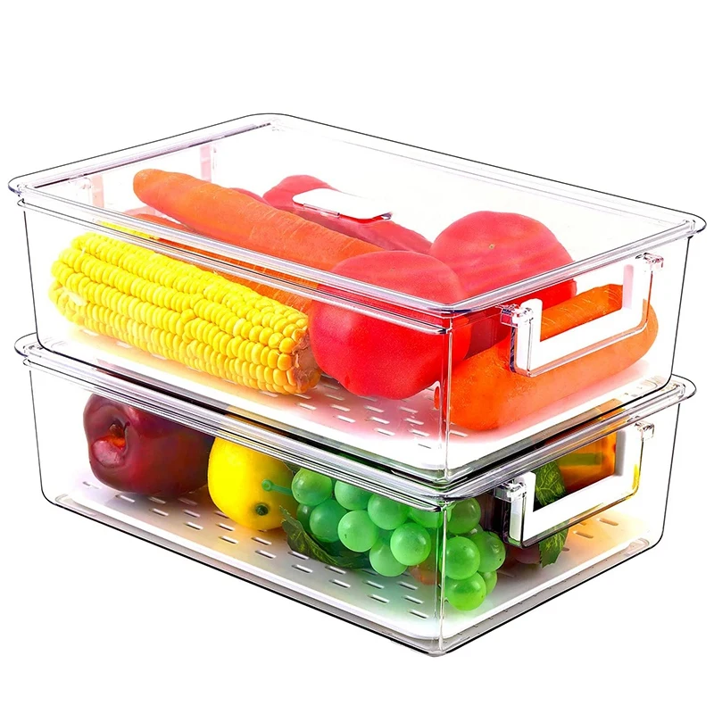 

Refrigerator Food Storage Container Bins 2 Pack Fridge Organizer with Lid and Drain Tray Produce Bins for Fruits,Snacks