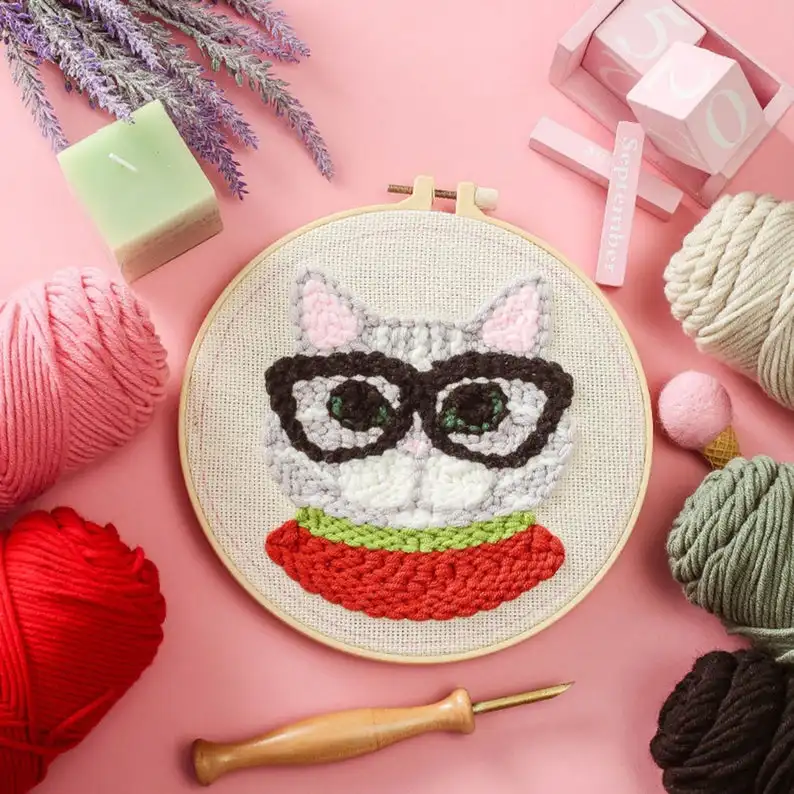 

Glasses Cat Yarn Punch Needle Kits, Unique Handmade Craft, DIY Beginner Embroidery Kit, Punch Kit with Yarn, Rug Hook Design Kit