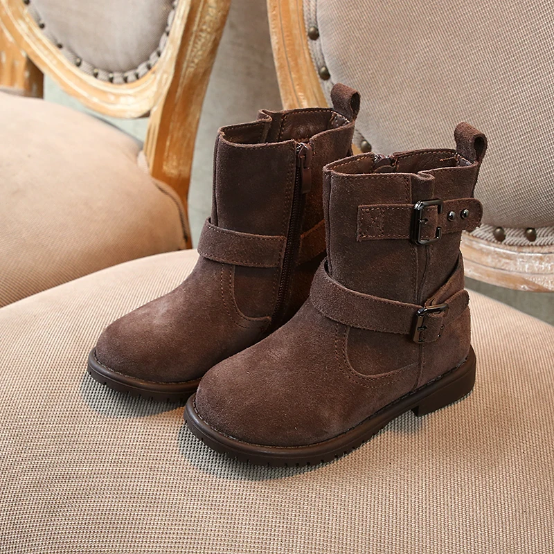 Girl Boots British Style Kids Boys Fashion Child Snow Booties Black Mid-top Soft Anti-Slip Buckle Strap SX224 | Мать и ребенок