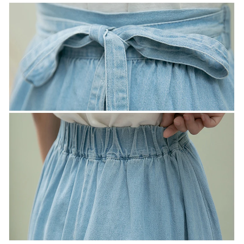 

2021 New high waisted a line skirt elastic waist lace up sweet denim skirts for women preppy style girls loose midi long faldas
