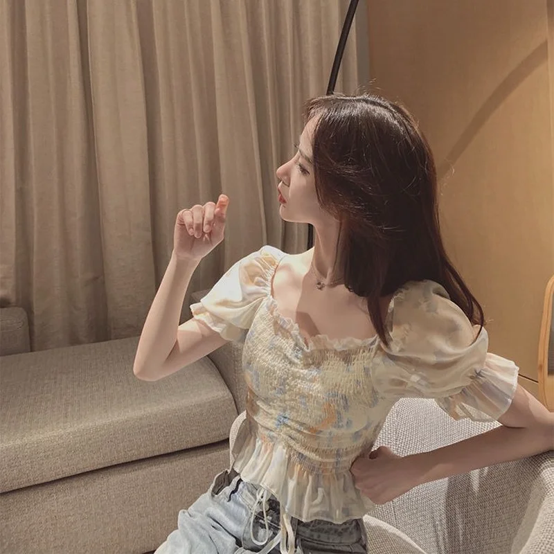 

2021 Summer Sweet Lace Floral Shirts Females Puff Sleeve Elegant Blouses and Tops Women Chiffon Korea Style Office Lady Crop Top