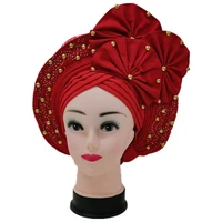 wedding red aso oke headtie with beads flowers auto gele nigerian headwrap african gele auto hats high quality 1pcspack
