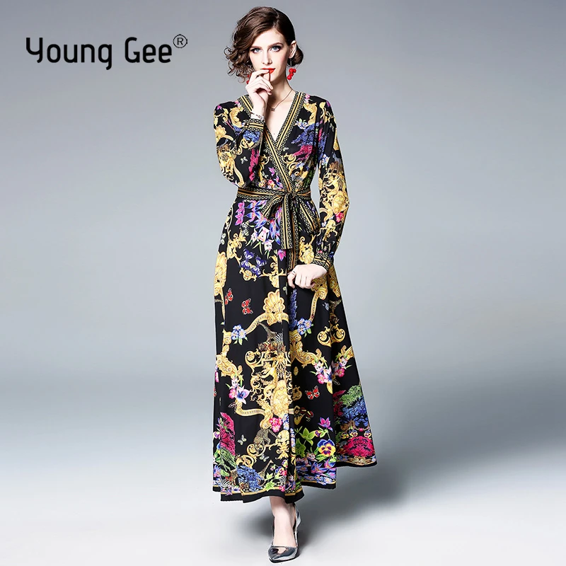 

Young Gee Fashion Spring Women Vintage Maxi Dress Sexy V-neck Puff Long Sleeve Floral-Print Big Flare Chic Dresses robe femme