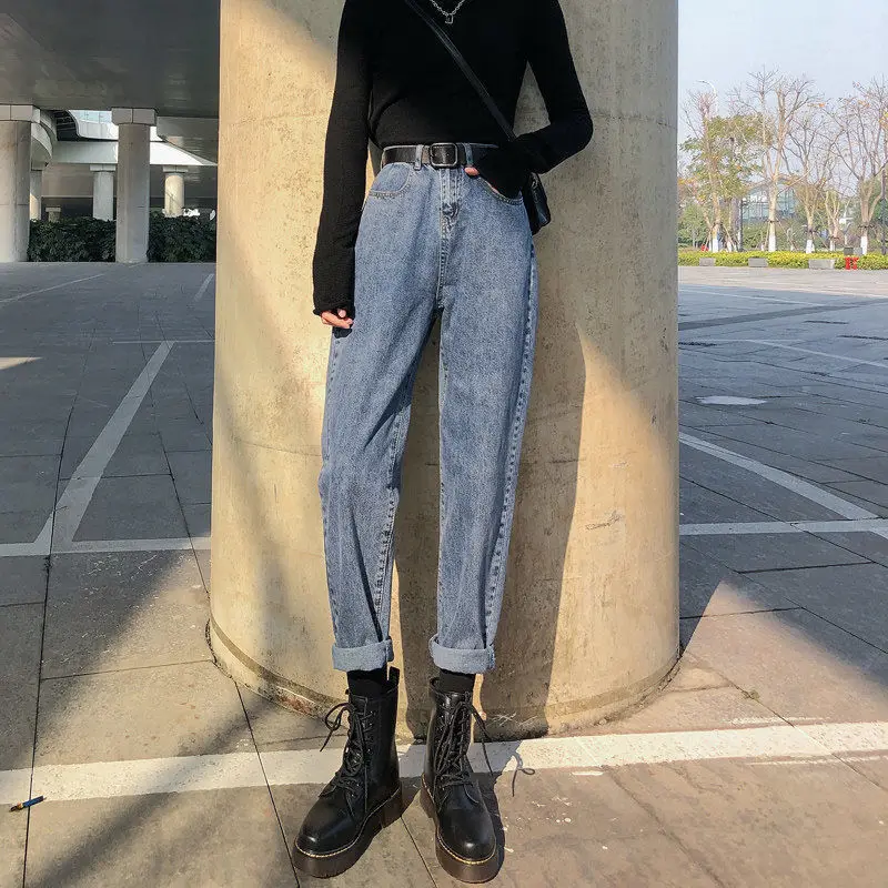 

High waisted jeans women's loose size women's wear Korean student straight pants autumn new plush Harlan pants