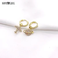 sipengjel fashion cute airplane and moon dangle drop earrings shiny cz small hoop earrings for women jewelry gift 2021