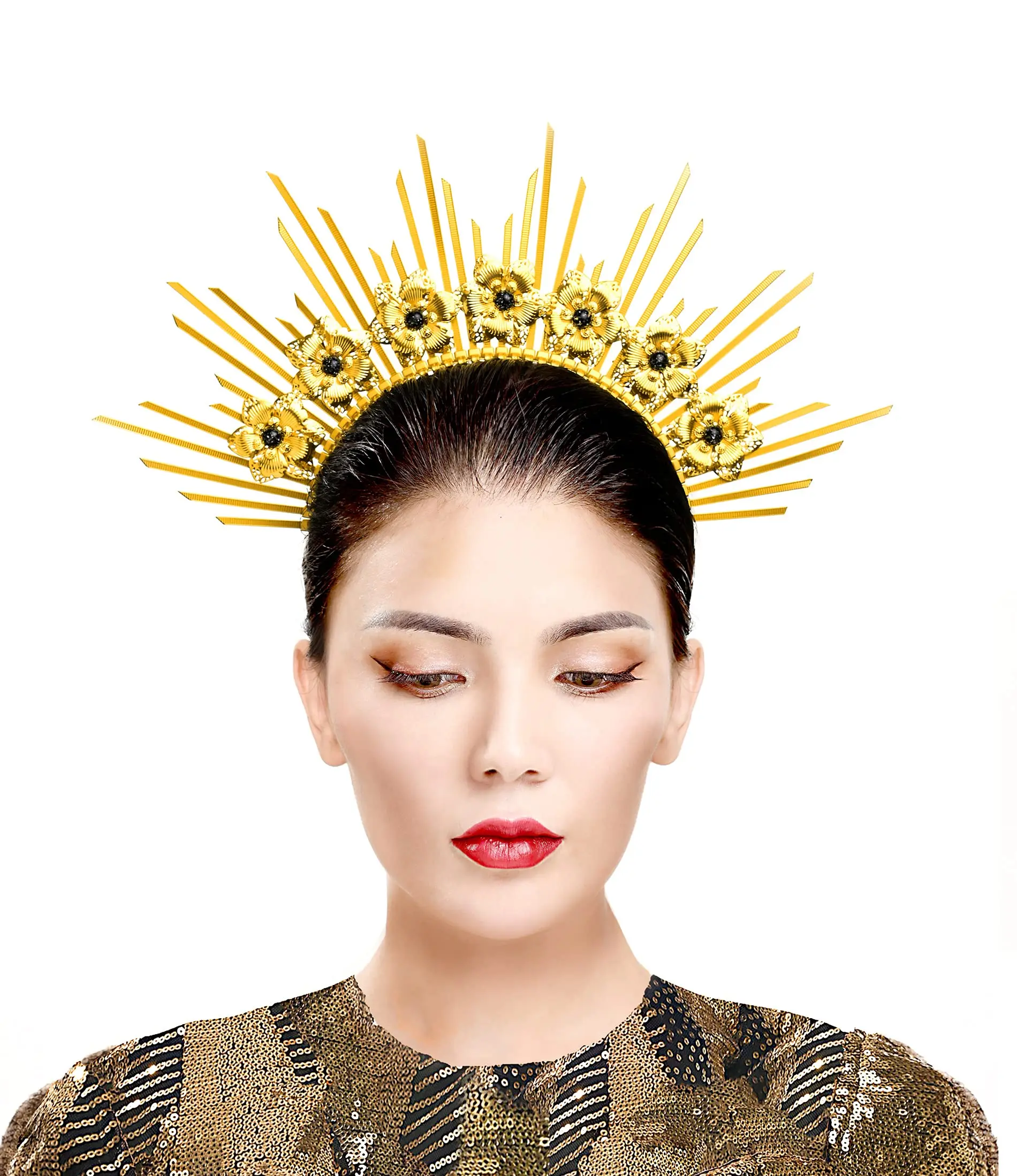Золотая гало Корона Шипованная богиня головной убор Sunburst тиара цветок повязка на