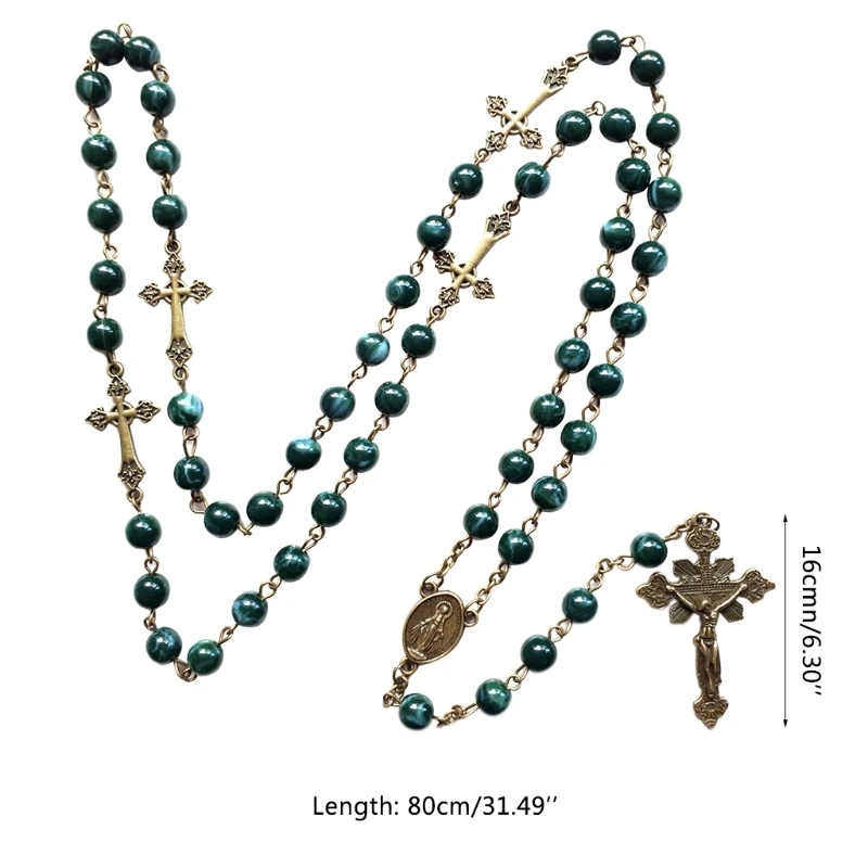 

Vintage Religion Rosary Necklace Alloy Virgin Jesus Cross Pendant Necklace Handmade Round Beads Chain Jewelry