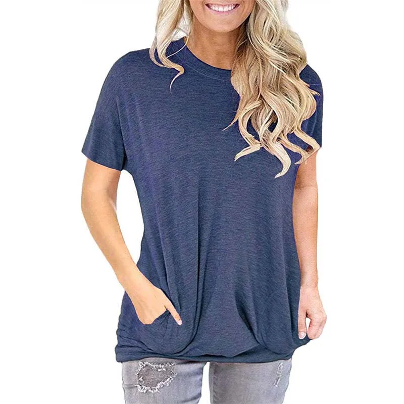 

Summer Solid Color Women Short Sleeve T Shirt Ladies Clothes Fashion O-neck Pocket Tops Casual Plus Size Tee Shirt Femme