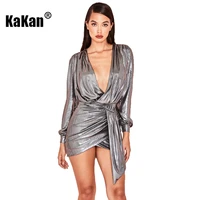 kakan european and american sexy womens pit hot stamping dress zipper deep v neck sexy irregular dress