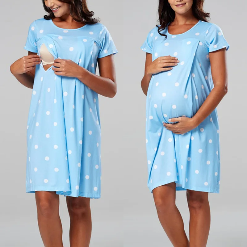 Popular Dot Printing Pregnant Dress Short Sleeve Boat Neck Maternity Dresses Casual Simple Nursing Breastfeeding | Мать и ребенок