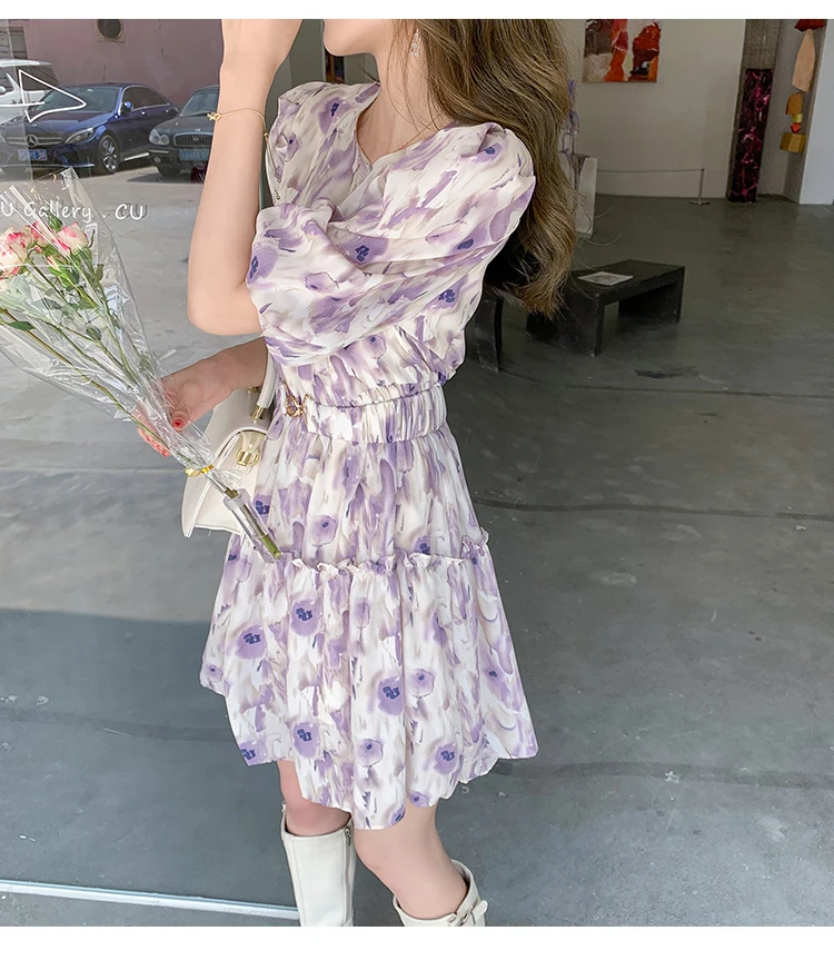 

Women Dress Plus Size Fashion O-neck A-line Above Knee, Mini Pleated Sashes Decoration Floral Pattern Short Sleeve 2021