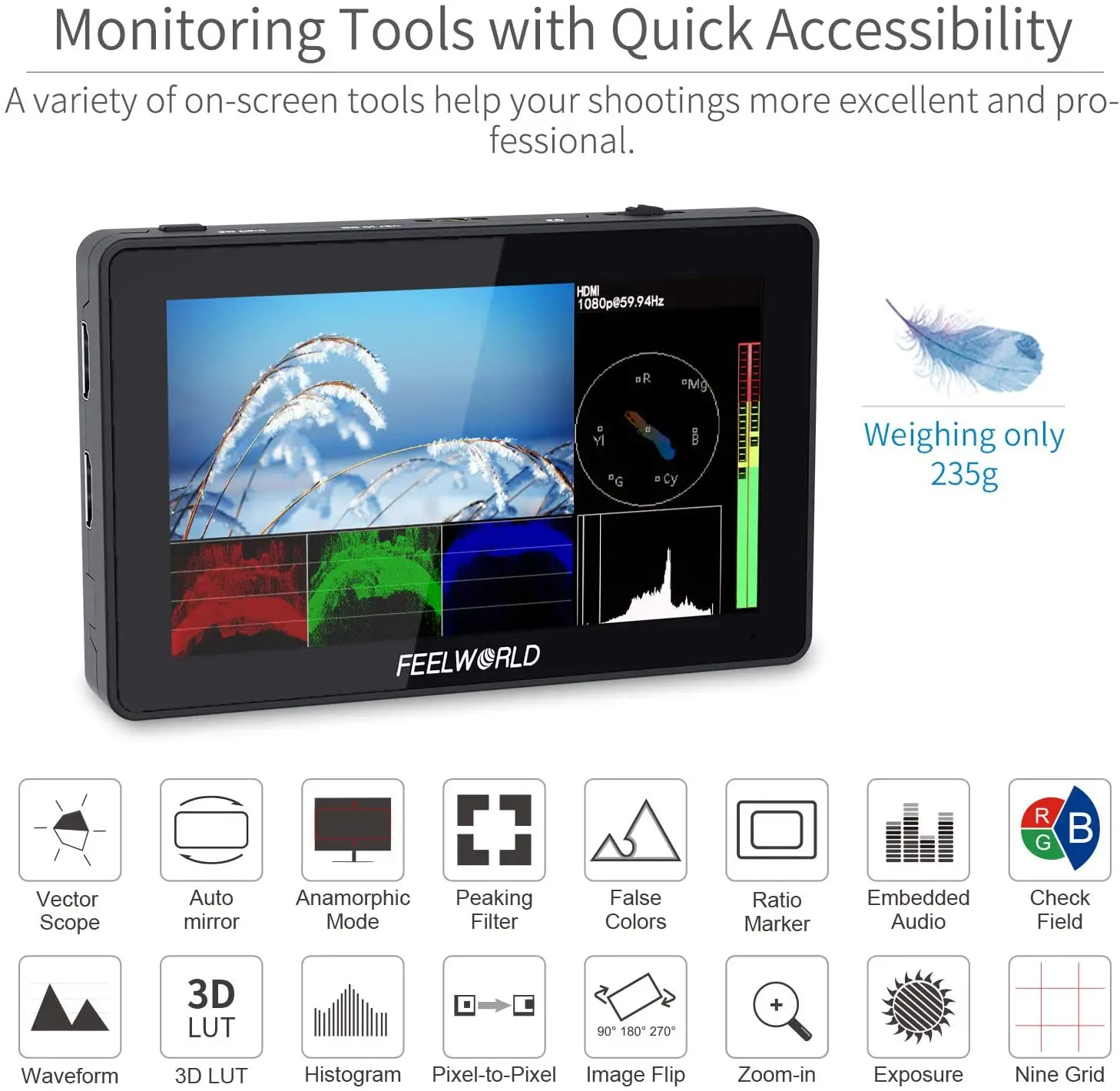 7-дюймовый накамерный монитор FEELWORLD F6 PLUS с сенсорным экраном и поддержкой HDR 3D Lut IPS