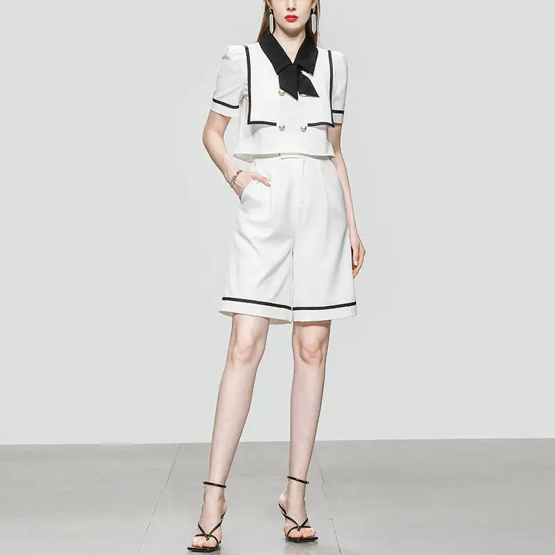 

2021 Summer New Fashion Temperament Lamb Sleeve Short Sleeve Top + High Waist Thin A-line Five-point Pants Two-piece S-2XL