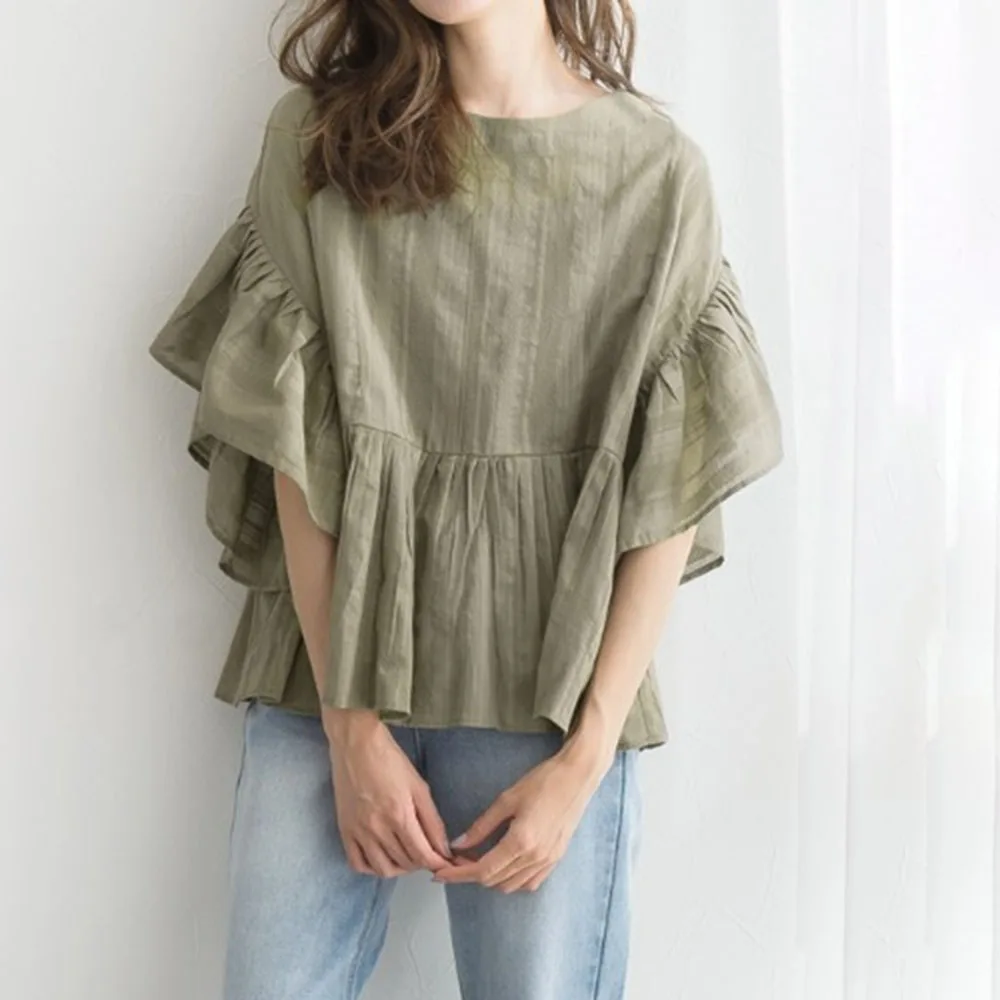 

Blouses 2021 Women Tops Lotus Leaf Sleeve Autumn New Casual All-match Retro Harajuku Style Round Neck Shirt Loose Pullover Hot