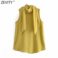 zevity new women fashion scarf collar sleeveless solid vest smock blouse ladies casual satin shirt chic blusas tops ls9624
