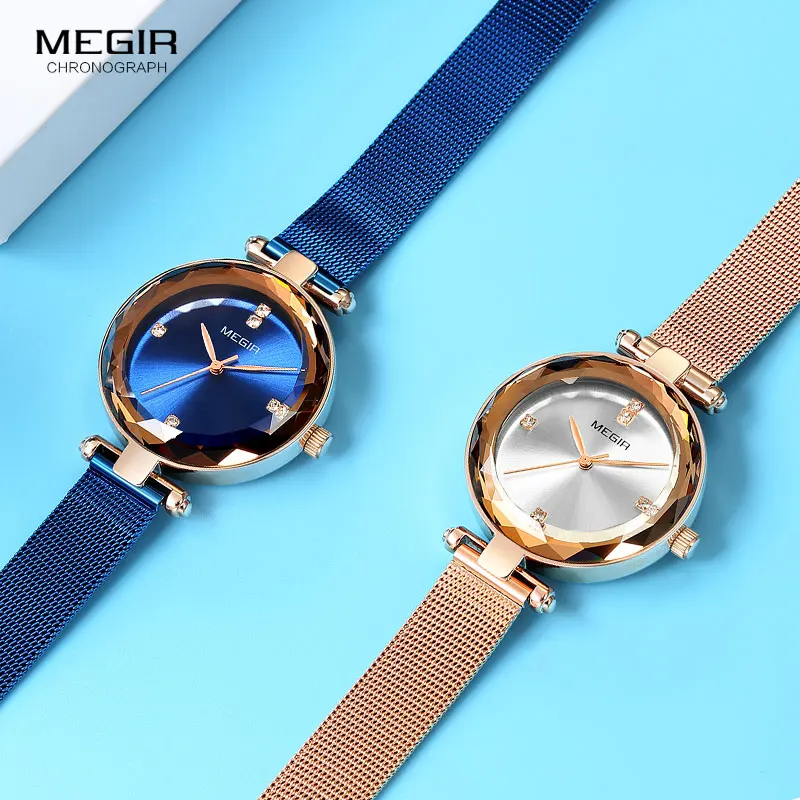 

MEGIR Dress Watch Lady Blue Mesh Bracelet Top Brand Quartz Watches Women Simple Luxury Wristwatch Relogio Feminino Clock MS4211