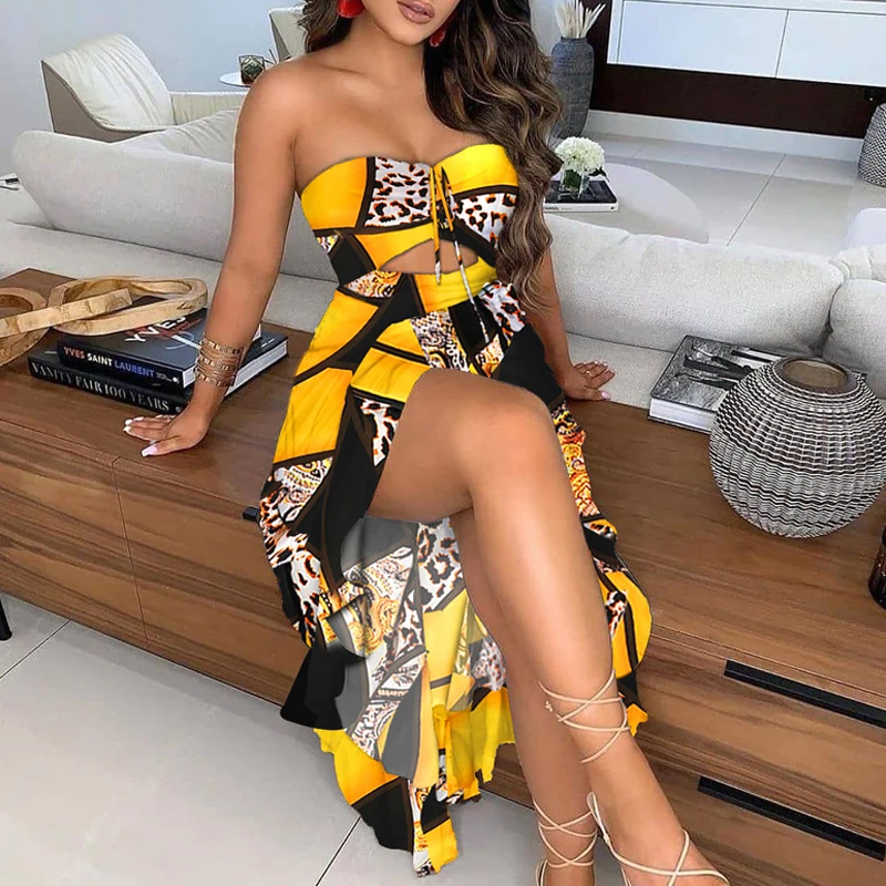 

Sexy Floral Print Off-the-shoulder Women's Evening Dress Fashion Hollow Slit Long Skirt Elegant Sleeveless Beach Summer Dress