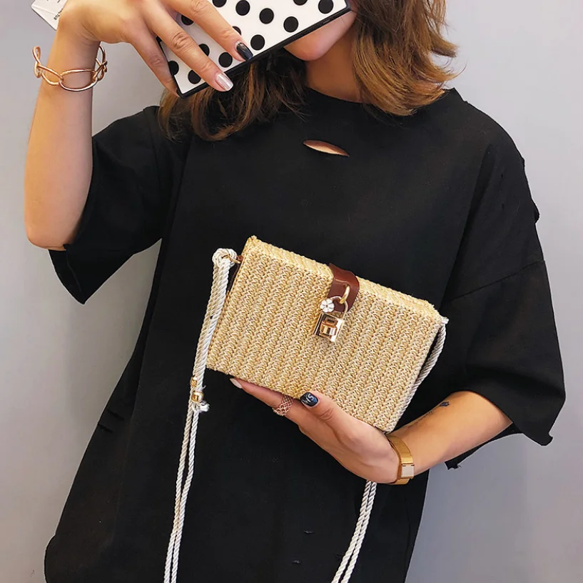 

Соломенная Сумка на плечо ручной работы для женщин, плетеная винтажная Пляжная Сумочка через плечо с замком и цветами, лето