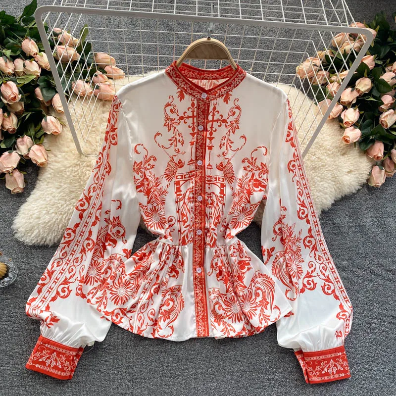 

women's design minority retro printing waist lotus leaf pendulum age reducing bubble sleeve shirt women's spring dress
