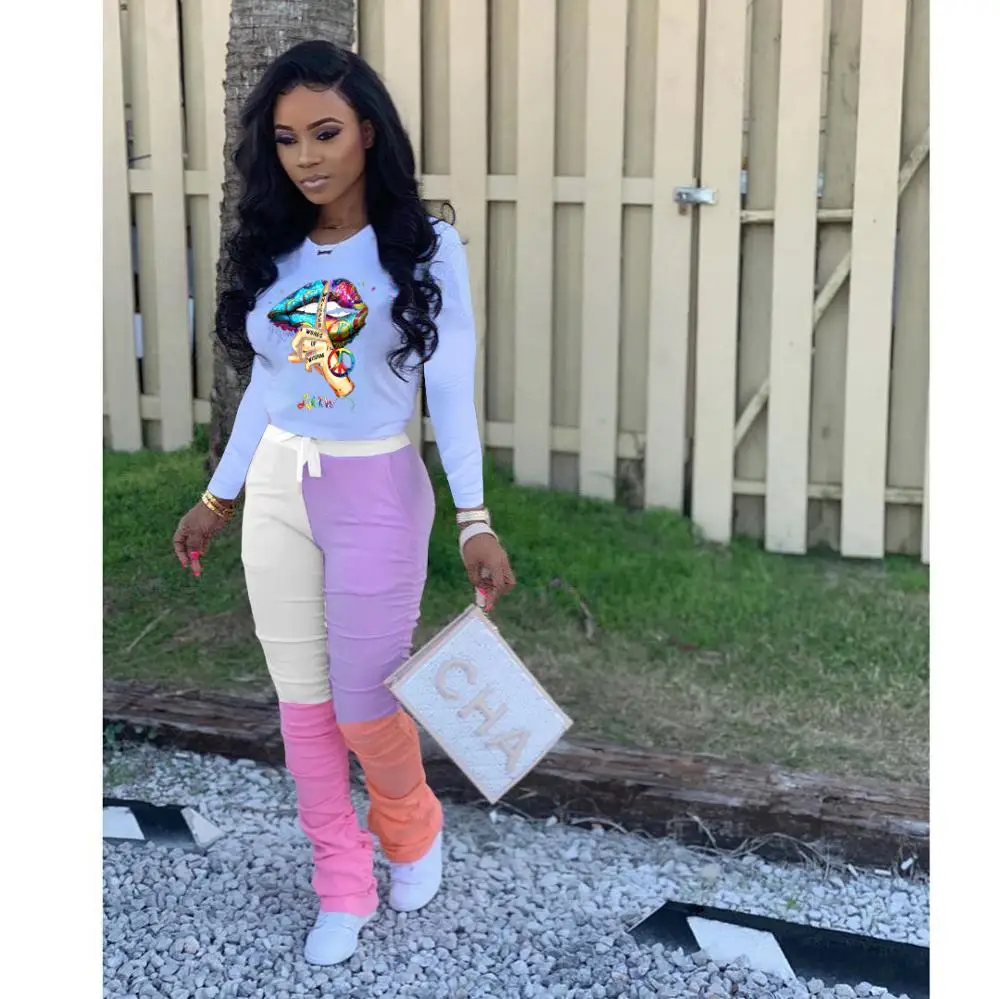 

Autumn Casual Womens 2 Piece Outfit Set O Neck Long Sleeve Top Pants Suits Sweatsuit Stacked Leggings Set Wholesale Dropshipping