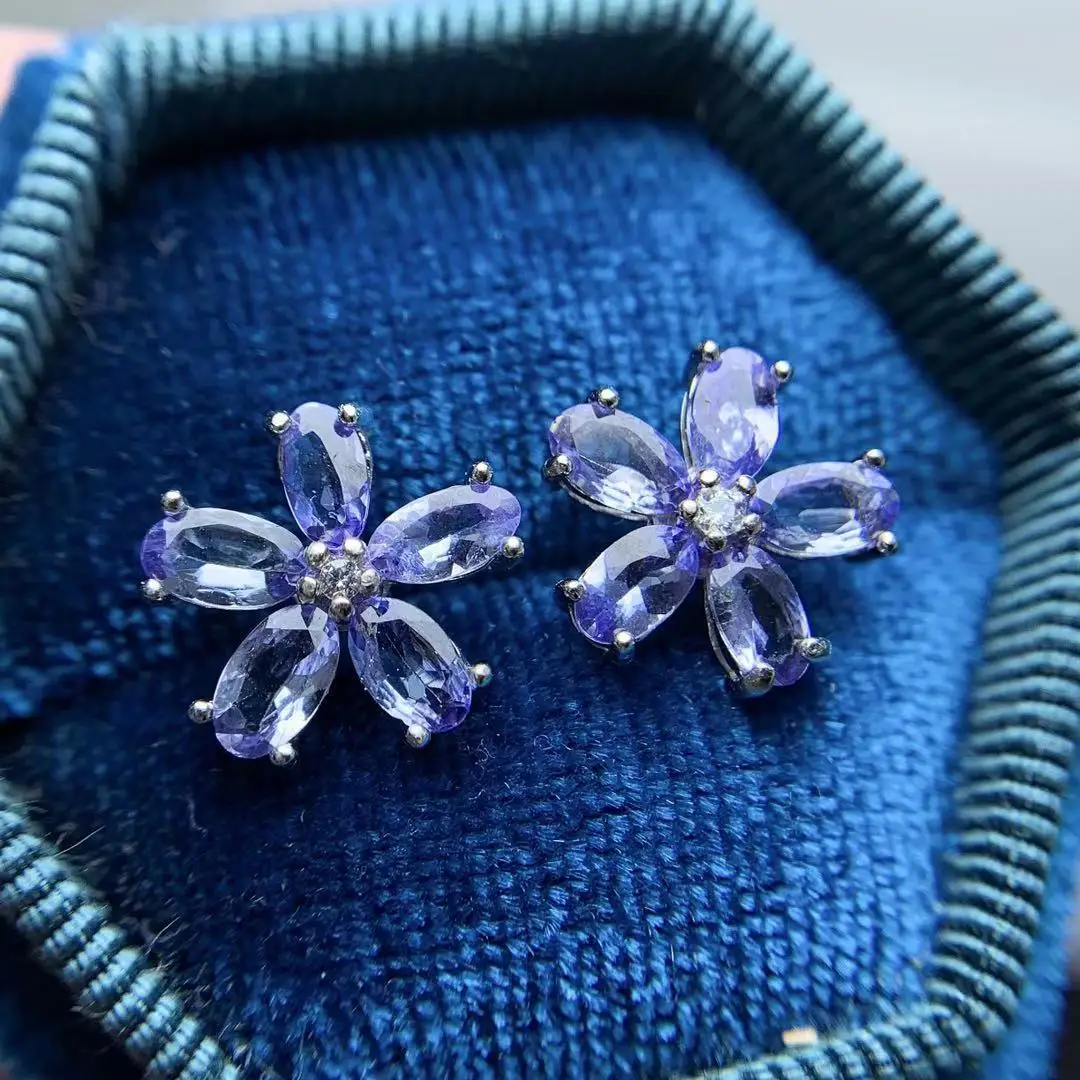 Модные Серебристые серьги-гвоздики из натурального танзанита 3 мм х 5 | Украшения