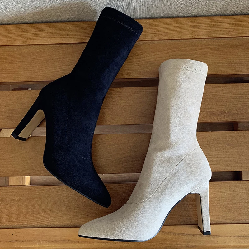 

Women's Boots Pointed Toe Yarn Elastic 9cm Thin High Heels Sock Boots Beige Black Female Faux Suede Ankle Boots Flock Shoe