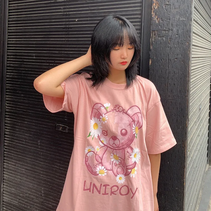 

Women T shirt INS Little Bear Cute Daisy T Shirts Women Girl Oversized Cotton Tshirts Summer Tee New Fashion Female Vintage Tops