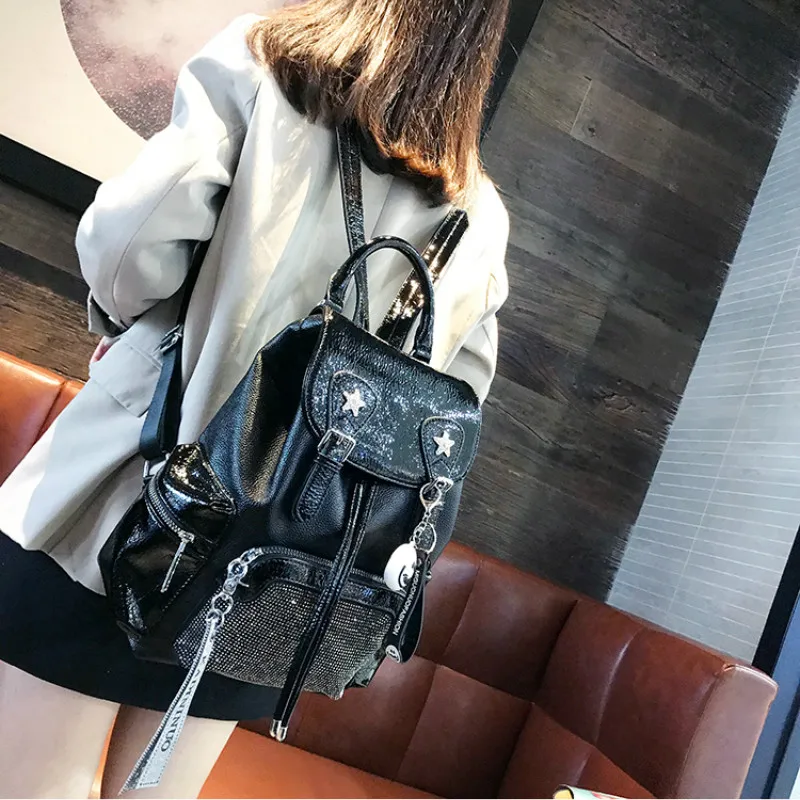 

Luxury Women's Backpack Designer Rhinestone Split Leather Black Diamond Female Shoulder Bag