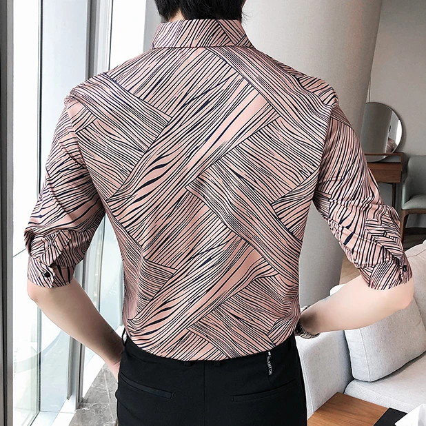 

Shirts 2021 Striped Men Slim Fit Streetwear Camisa Masculina Korea Short Sleeve Casual Shirt Social Party Nightclub Men Clothing