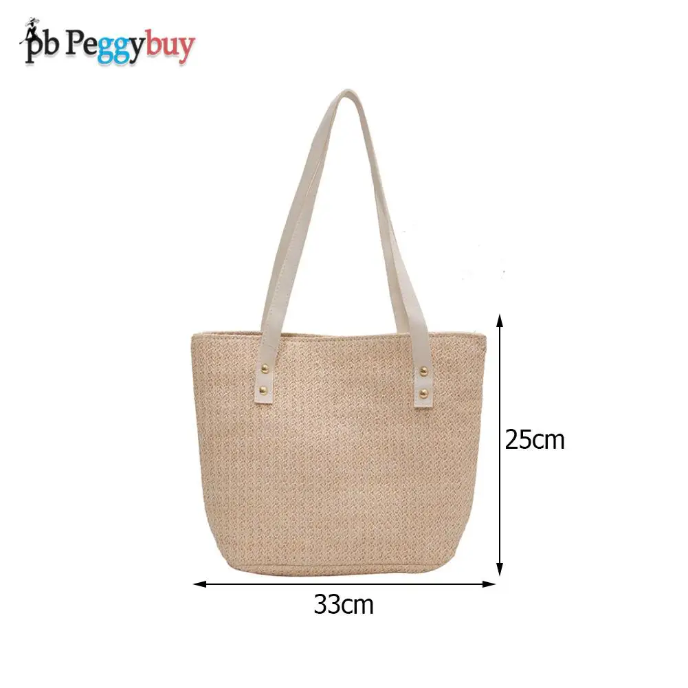 

Vintage Women Beach Woven PU Leather Large Capacity Shoulder Shopping Bag Casual Ladies Summer Vacation Tote Handbags
