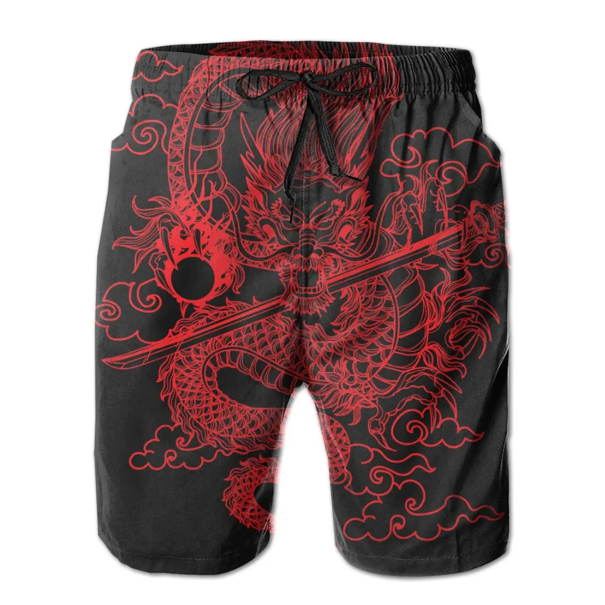 

Beach Breathable Quick Dry Humor Graphic R360 Casual Red Chinese Dragon With Black Background Classic Hawaii Pants