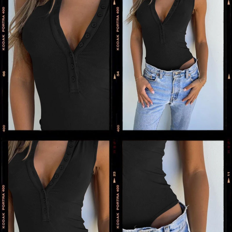 

Tossy New Solid Sexy Sleeveless Bodysuit Sexy Button Bodycon V-Neck Body Tops For Women Summer Rib Cotton One-Piece Outfits 2021