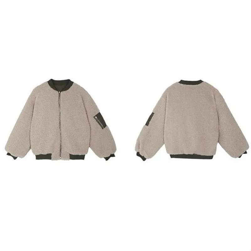 

Jackets Women Winter Lambswool Warm Reversible Patchwork Beige Stand Collar All-match Korean Style Harajuku Zipper Chic Outwear