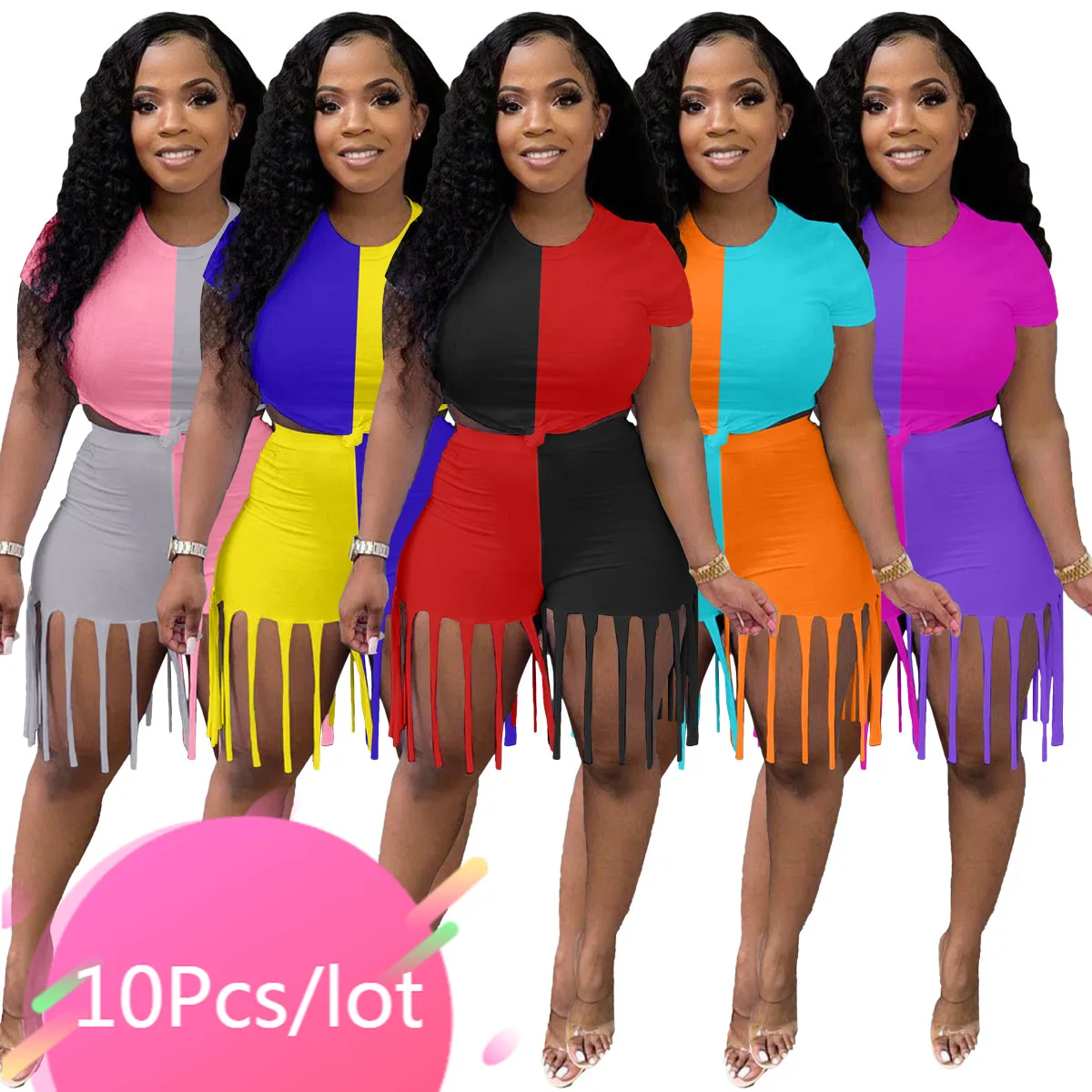 

Bulk Item Wholesale Lots Two Pieces Outfits Women Patchwork Tracksuits Short Sleeve Tops Tassel Shorts Casual Matching Sets 2021