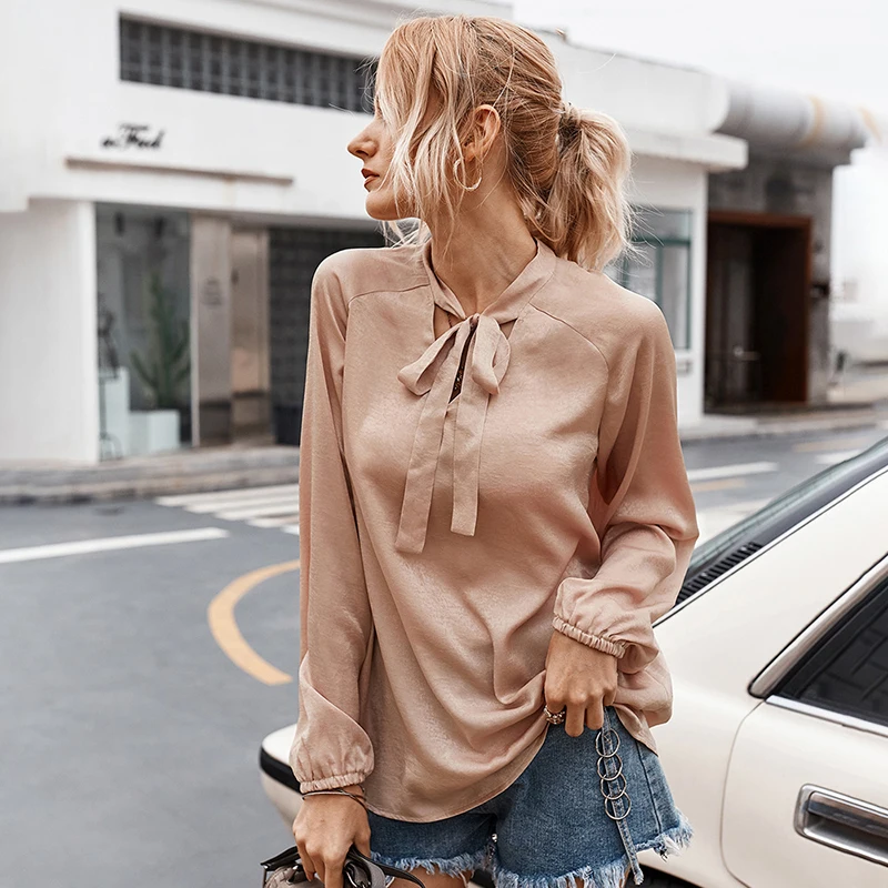 

2021 new women's loose shirt solid color ladies velvet bow long sleeve casual solid color elegant office shirt ladies