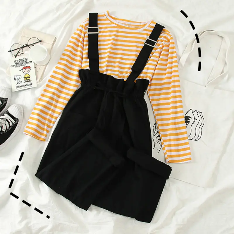 

2020 Women Ankle-length Wide Leg Overalls Suit Loose Striped T-shirt + Casual Solid Fashion Trousers 2 Peice Set Q33