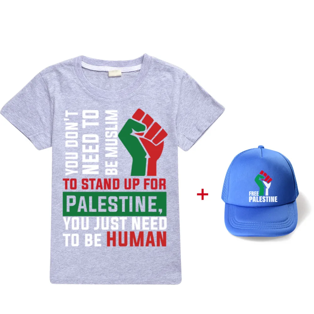 

New 2021 2-13Y Girl's Tshirt+hat Popular Palestine Short-sleeved Printing T-shirt 100% Cotton Kids Boys Girls Cartoon Clothes