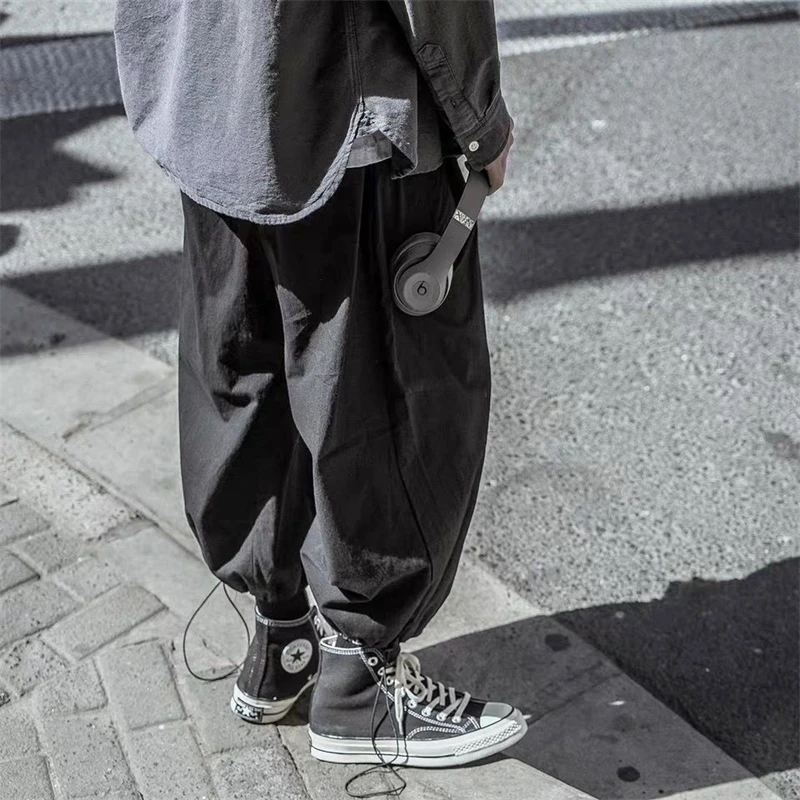 

Men Pants Black Joggers Streerwear Baggy Pants Loose Elastic waist Ankle length Trousers Gray Casual