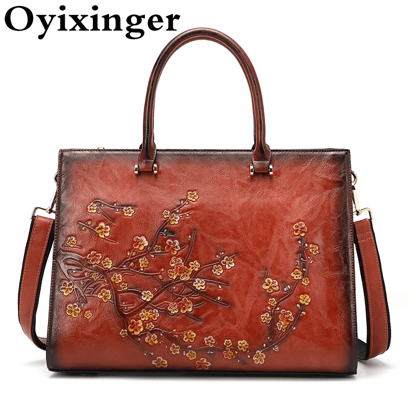 

OYIXINGER 2022 New Women Briefcase Large Capacity Top-handle Bag Ladies Floral Leather Briefcase For 14 inch Macbook Hp Xiaomi