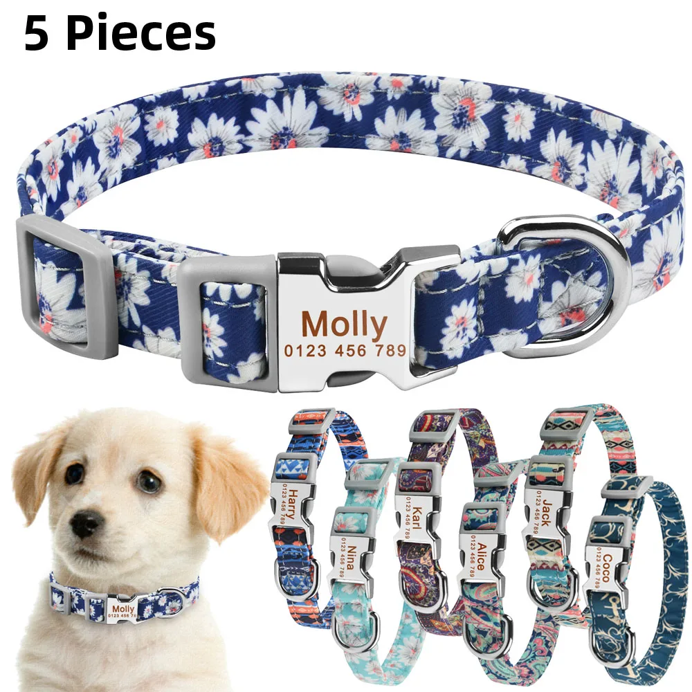 

AiruiDog Personalized Dog Collar Nylon Small Medium Large Puppy Pet Engraved Name Collars Dog Supplies Cat Collars 5 Pieces