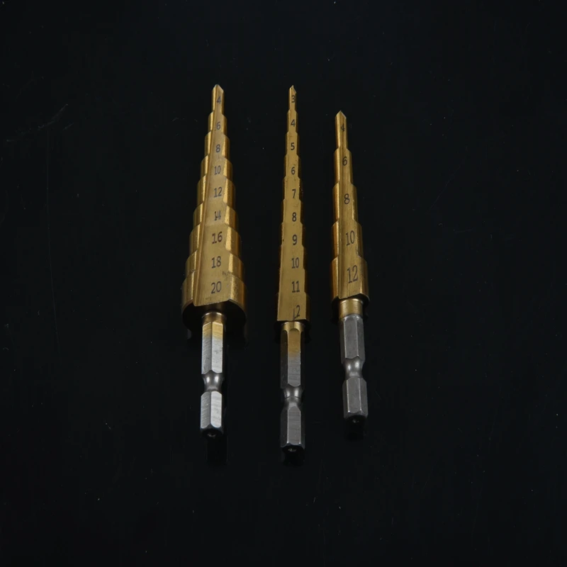 

1/4-inch Hex Shank 3-12 4-20 4-12mm Titanium Coated Step Drill Bit Set