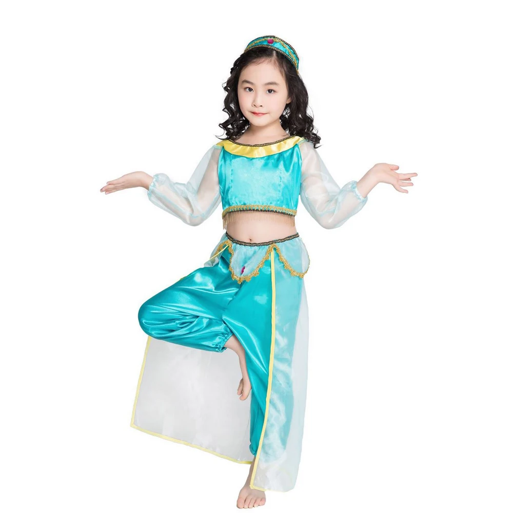 Girls Genie Princess Jasmine Costume Storybook Aladdin Lamp Cosplay Fancy Dress Belly Dance Outfit