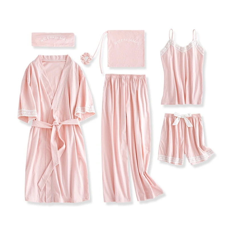 

JULY'S SONG 7 Pieces Pajamas Set 100% Cotton Women Pajamas Suits Long Sleeve Top Elastic Waist Pants Lounge Sleepwear