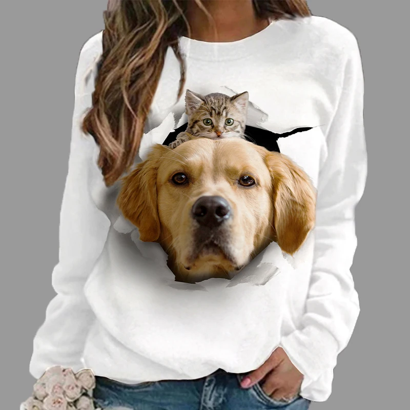 Hip Hop Womens Sweatshirt Spring Long Sleeve Clothes Dog and Cat 3d Print Female Pullovers Blouse Loose O-neck Woman Streetwear