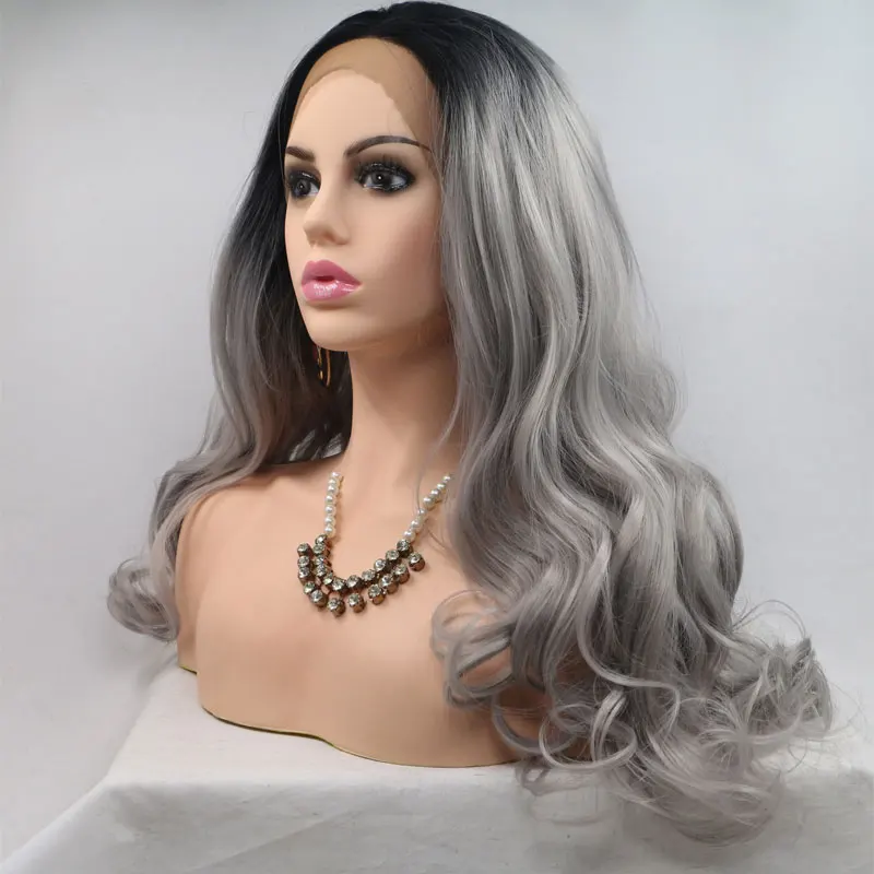 Beautiful Girl Black Roots Ombre Silver Grey Synthetic Lace Front Wig Body Wave Heat Resistant Fiber Wig Middle Part For Women
